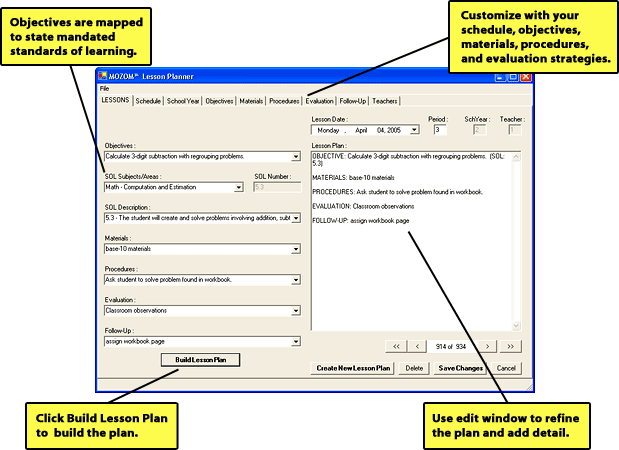 MOZOM Lesson Planner plan builder screen features