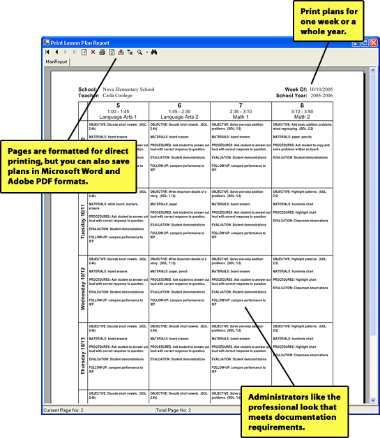 View of week's lesson plans.